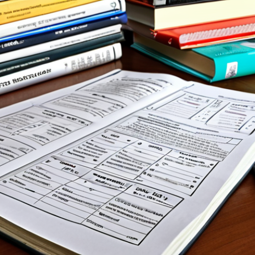 **

A close-up shot of a well-organized study space. Showcases the official exam syllabus highlighted with a marker, past exam papers neatly stacked, and professional textbooks open to key pages. Emphasize the importance of thorough preparation materials for a fiber technician practical exam. The overall tone is studious and organized.

**
