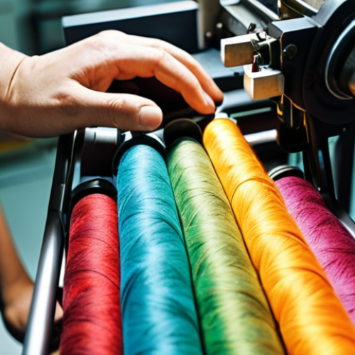 **Close-up shot of a textile technician's hands meticulously operating a complex spinning machine in a brightly lit factory setting, focusing on the precision and skill required, with various spools of colorful threads in the background.**