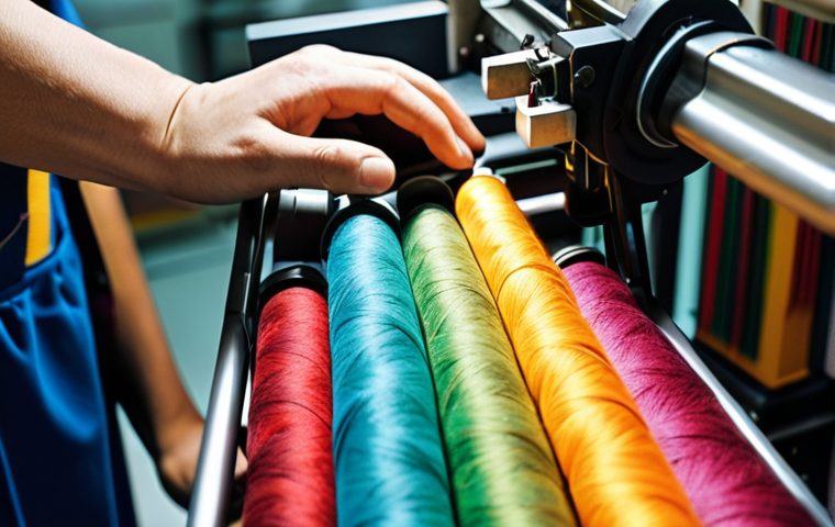 **Close-up shot of a textile technician's hands meticulously operating a complex spinning machine in a brightly lit factory setting, focusing on the precision and skill required, with various spools of colorful threads in the background.**