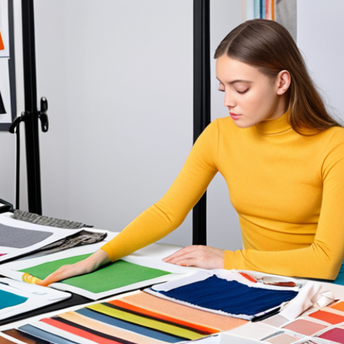 **Fashion Designer at Work:** A young, enthusiastic fashion designer surrounded by fabric swatches, color palettes, and sketches in a bright, modern studio. Focus on creativity and inspiration, with a slightly idealized, aspirational vibe.  Keywords: fashion design, studio, fabrics, inspiration, creativity.