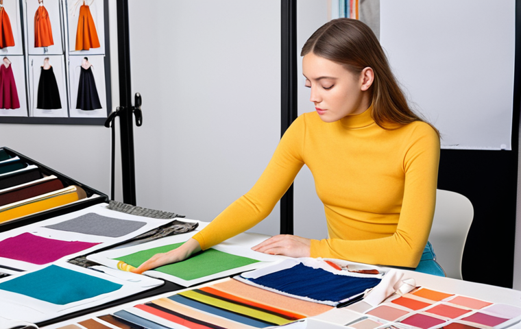 **Fashion Designer at Work:** A young, enthusiastic fashion designer surrounded by fabric swatches, color palettes, and sketches in a bright, modern studio. Focus on creativity and inspiration, with a slightly idealized, aspirational vibe.  Keywords: fashion design, studio, fabrics, inspiration, creativity.