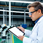 A professional textile engineer, fully clothed in a modest lab coat and safety glasses, stands confidently amidst a bright, modern smart textile factory floor. Automated machinery and robotic arms are subtly visible in the background, demonstrating advanced manufacturing. The engineer holds a tablet, actively reviewing production data with a focused expression. Perfect anatomy, correct proportions, natural pose, well-formed hands, proper finger count, natural body proportions. Safe for work, appropriate content, fully clothed, professional, high quality, detailed, realistic photography.
