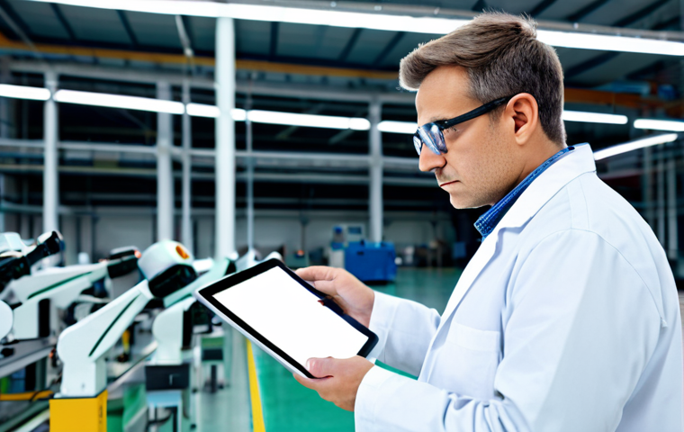 A professional textile engineer, fully clothed in a modest lab coat and safety glasses, stands confidently amidst a bright, modern smart textile factory floor. Automated machinery and robotic arms are subtly visible in the background, demonstrating advanced manufacturing. The engineer holds a tablet, actively reviewing production data with a focused expression. Perfect anatomy, correct proportions, natural pose, well-formed hands, proper finger count, natural body proportions. Safe for work, appropriate content, fully clothed, professional, high quality, detailed, realistic photography.