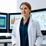 A professional female textile engineer in a modern, brightly lit laboratory. She is wearing a modest lab coat over a business casual outfit, fully clothed, appropriate attire. In the foreground, there are samples of traditional fabrics alongside smart textile prototypes with integrated sensors. In the background, a large digital screen displays complex data visualizations of material science and sustainable production metrics, with subtle AI model diagrams. The overall atmosphere is one of focused innovation and advanced research, professional. safe for work, appropriate content, perfect anatomy, correct proportions, natural pose, well-formed hands, proper finger count, natural body proportions, high-quality, ultra-detailed.