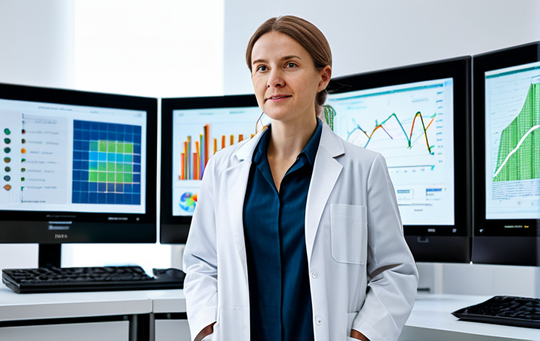 A professional female textile engineer in a modern, brightly lit laboratory. She is wearing a modest lab coat over a business casual outfit, fully clothed, appropriate attire. In the foreground, there are samples of traditional fabrics alongside smart textile prototypes with integrated sensors. In the background, a large digital screen displays complex data visualizations of material science and sustainable production metrics, with subtle AI model diagrams. The overall atmosphere is one of focused innovation and advanced research, professional. safe for work, appropriate content, perfect anatomy, correct proportions, natural pose, well-formed hands, proper finger count, natural body proportions, high-quality, ultra-detailed.