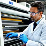 Textile Technician at Work**

A skilled textile technician, fully clothed in appropriate work attire (lab coat, safety glasses), examining a complex textile machine in a bright, modern factory setting. The technician is focused and professional, with well-formed hands and perfect anatomy. Correct proportions, natural pose. Safe for work, appropriate content, professional image, family-friendly. High quality, detailed, realistic lighting.

**
