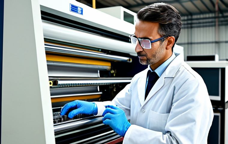 Textile Technician at Work**

A skilled textile technician, fully clothed in appropriate work attire (lab coat, safety glasses), examining a complex textile machine in a bright, modern factory setting. The technician is focused and professional, with well-formed hands and perfect anatomy. Correct proportions, natural pose. Safe for work, appropriate content, professional image, family-friendly. High quality, detailed, realistic lighting.

**
