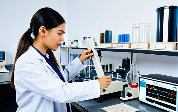 **

A professional textile engineer in a modern, well-lit laboratory, fully clothed in appropriate attire. She is examining a fiber sample with sophisticated equipment. The background includes various testing instruments and diagrams. Safe for work, perfect anatomy, correct proportions, natural pose, professional, high quality, well-formed hands, proper finger count, modest clothing, appropriate content.

**
