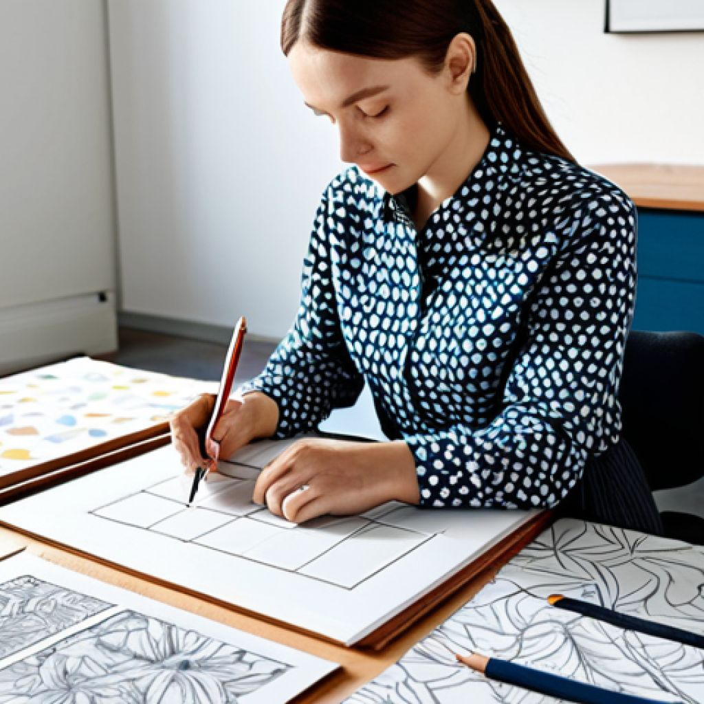 Textile Design Inspiration**
A textile designer in a bright, modern studio, sketching fabric patterns. Inspiration boards are visible with mood boards featuring floral patterns and geometric designs. She's wearing a fully clothed, professional outfit (dress pants and a blouse). Natural light fills the room. Safe for work, appropriate content, perfect anatomy, professional, modest, fully clothed. High quality rendering.
**