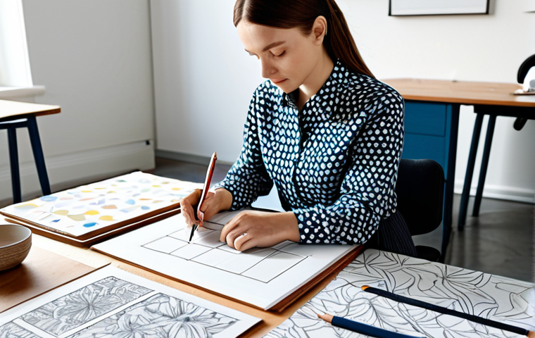 Textile Design Inspiration**

A textile designer in a bright, modern studio, sketching fabric patterns. Inspiration boards are visible with mood boards featuring floral patterns and geometric designs. She's wearing a fully clothed, professional outfit (dress pants and a blouse). Natural light fills the room. Safe for work, appropriate content, perfect anatomy, professional, modest, fully clothed. High quality rendering.

**