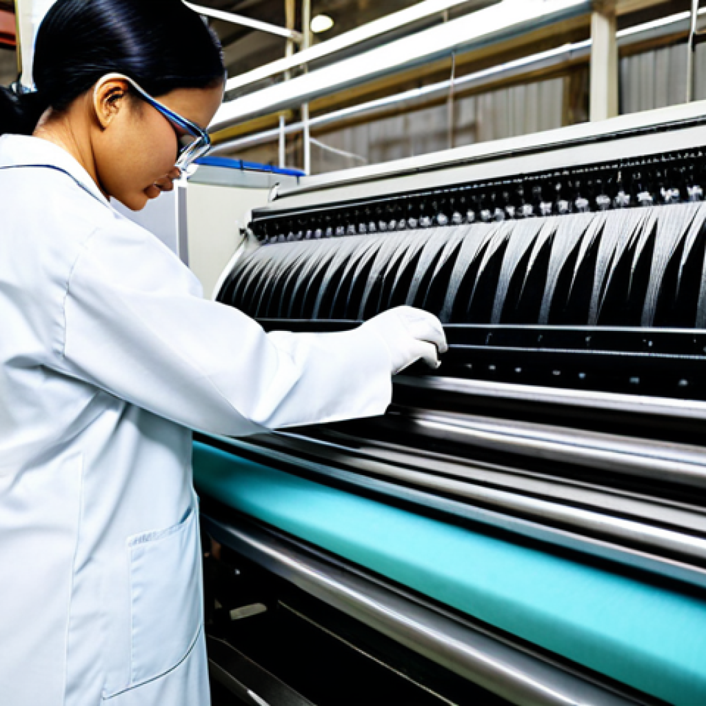 Textile Technician**
A professional textile technician, fully clothed in appropriate work attire (lab coat, safety glasses), inspecting a complex weaving machine in a modern textile factory. Safe for work, appropriate content, perfect anatomy, well-formed hands, proper finger count, natural body proportions, professional, modest clothing, family-friendly, high quality.
**