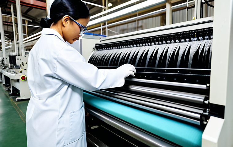 Textile Technician**

A professional textile technician, fully clothed in appropriate work attire (lab coat, safety glasses), inspecting a complex weaving machine in a modern textile factory. Safe for work, appropriate content, perfect anatomy, well-formed hands, proper finger count, natural body proportions, professional, modest clothing, family-friendly, high quality.

**
