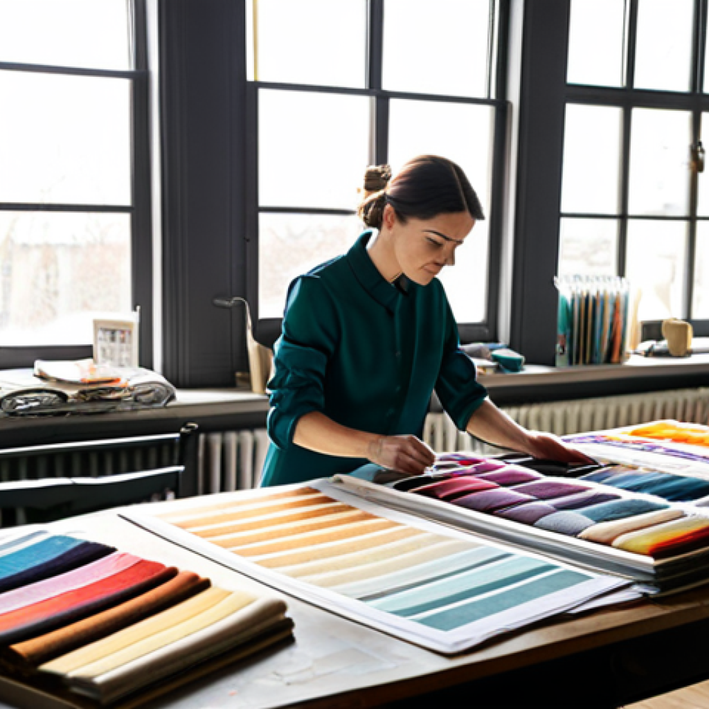 Textile Designer's Studio**
"A bright and airy textile designer's studio, filled with colorful fabric swatches, yarn samples, and design sketches. A female designer, fully clothed in modest professional attire, is working at a large table, examining a new fabric sample. Sunlight streams in through a large window. Perfect anatomy, correct proportions, well-formed hands, natural pose, safe for work, appropriate content, professional, modest."
**