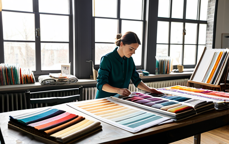Textile Designer's Studio**

"A bright and airy textile designer's studio, filled with colorful fabric swatches, yarn samples, and design sketches. A female designer, fully clothed in modest professional attire, is working at a large table, examining a new fabric sample. Sunlight streams in through a large window. Perfect anatomy, correct proportions, well-formed hands, natural pose, safe for work, appropriate content, professional, modest."

**
