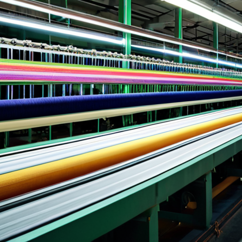 섬유기사와 섬유 화학 - **Image Prompt:** A modern textile mill interior, featuring advanced machinery weaving colorful thre...