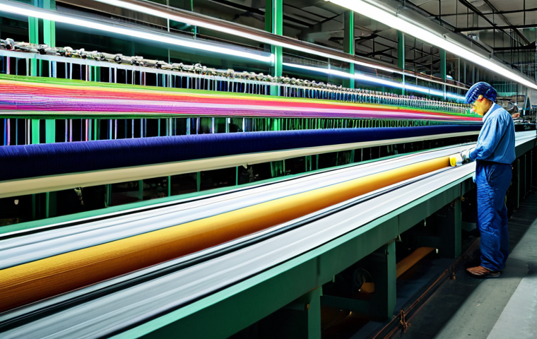 섬유기사와 섬유 화학 - **Image Prompt:** A modern textile mill interior, featuring advanced machinery weaving colorful thre...