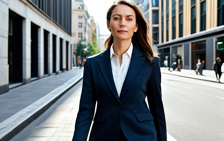 섬유기사와 필기시험의 기초 개념 - **Prompt:** A professional businesswoman in a tailored, modest business suit, walking confidently th...