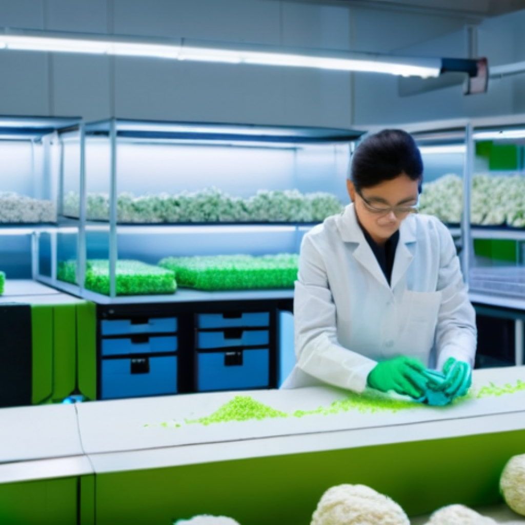 섬유기사와 섬유 공학 - **Prompt:** A vibrant, futuristic textile laboratory where engineers are examining various eco-frien...