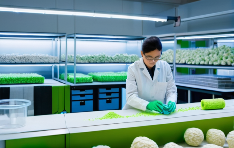 섬유기사와 섬유 공학 - **Prompt:** A vibrant, futuristic textile laboratory where engineers are examining various eco-frien...