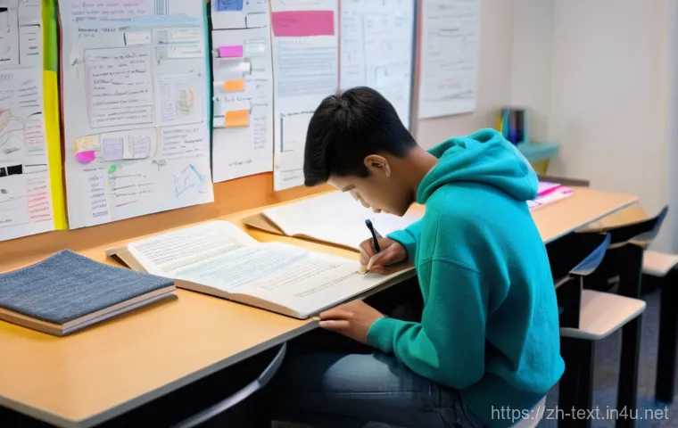 섬유기사 필기시험의 준비 방법 - **A focused young adult studying textile engineering.**
    A detailed, wide shot of a neatly organi...