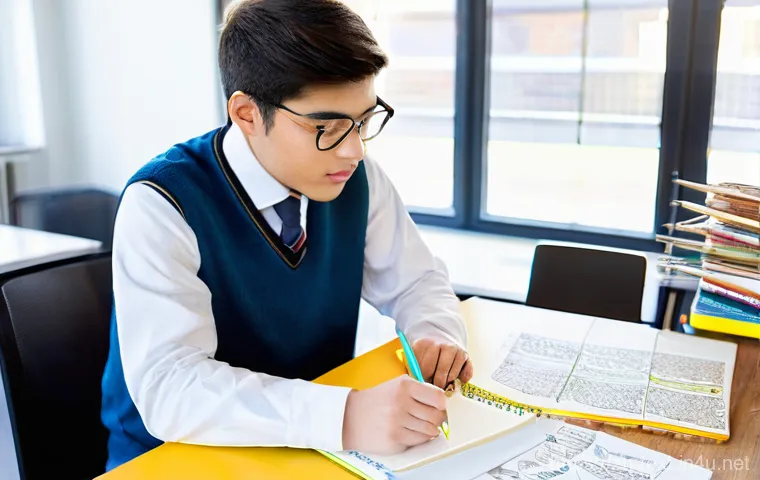 섬유기사와 필기시험 준비 단계 - **Prompt:** A young, focused textile engineering student, approximately 20-25 years old, sits at a c...