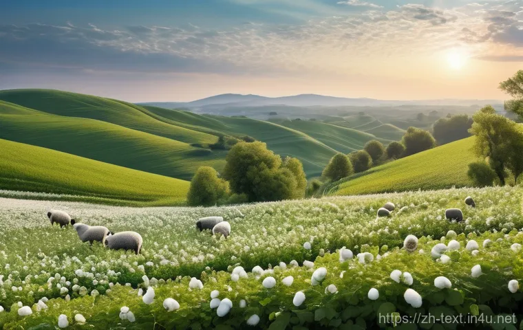 섬유기사 필기시험 요약집 - **Prompt:** A panoramic shot of a serene, sun-drenched landscape featuring fields of blooming cotton...