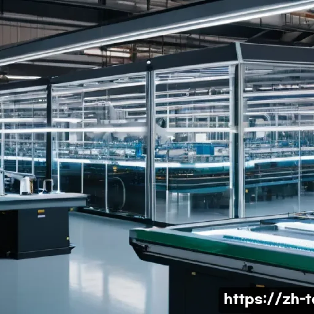 섬유기사와 직업별 시험 연계 - **Intelligent Textile Manufacturing:** A wide shot of a futuristic, pristine textile factory floor, ...