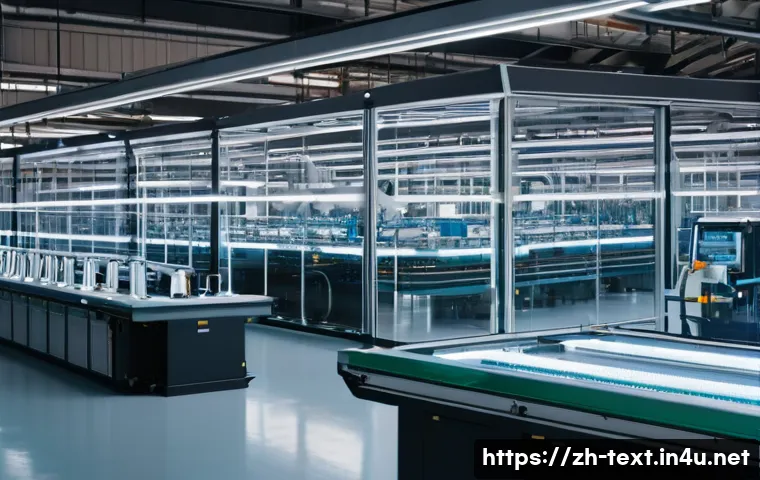 섬유기사와 직업별 시험 연계 - **Intelligent Textile Manufacturing:** A wide shot of a futuristic, pristine textile factory floor, ...