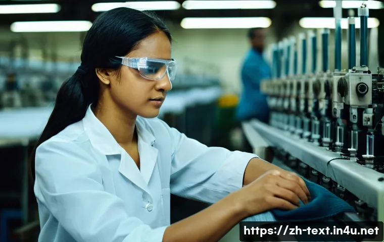 섬유기사 실기시험의 준비 사례 - **Prompt:** "A young woman, around 22 years old, is diligently working on a textile machine in a bri...