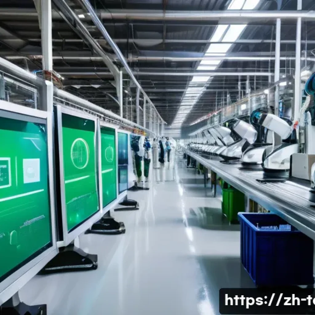 섬유기사 이직 성공 전략 - A modern textile factory interior showcasing advanced digital transformation: robotic arms and autom...