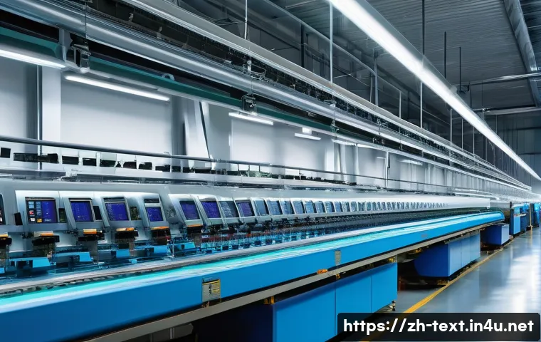 섬유기사와 섬유 생산 공정 - A modern textile factory interior showcasing advanced automated spinning machines and intelligent we...