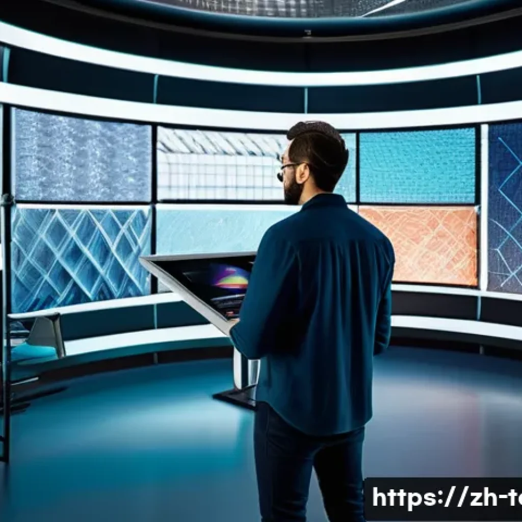 섬유기사와 CAD 활용 - A futuristic textile design studio featuring a skilled designer working on a large high-resolution C...