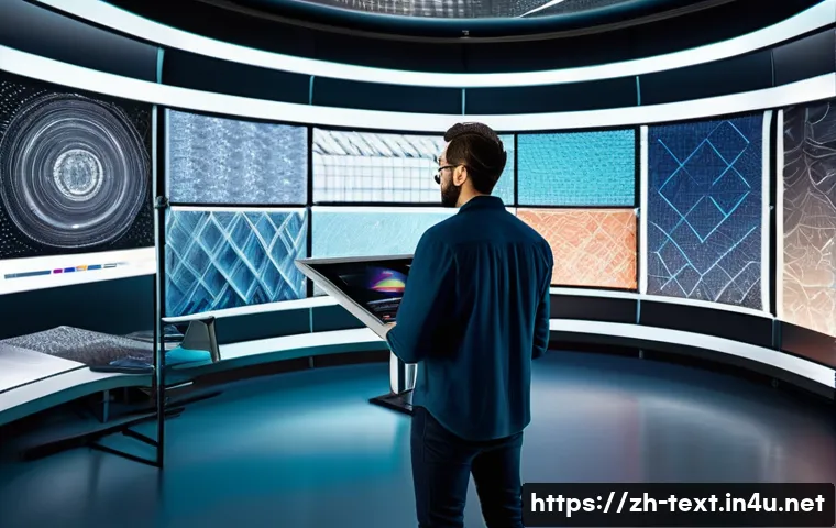 섬유기사와 CAD 활용 - A futuristic textile design studio featuring a skilled designer working on a large high-resolution C...
