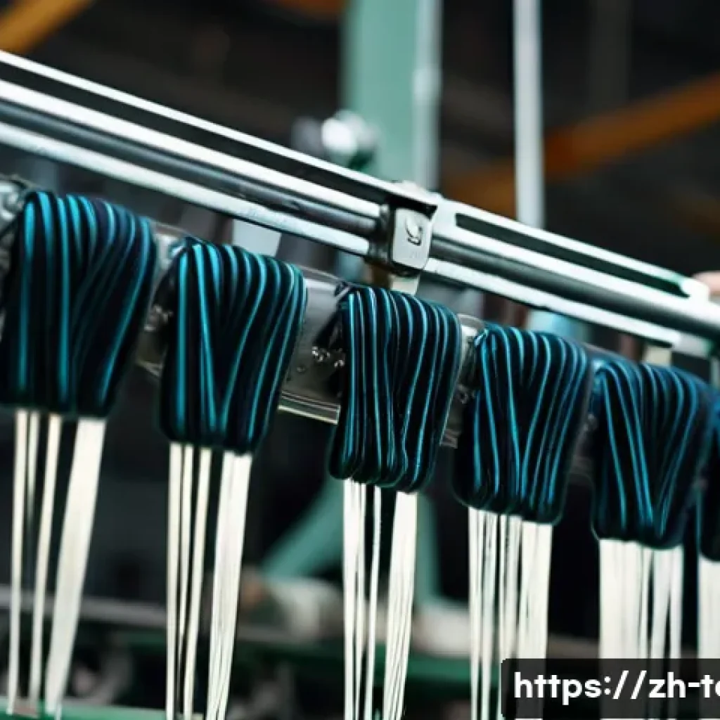 섬유기사 실무 경험 공유 - A detailed close-up of a textile factory worker adjusting spinning machine settings, focusing on han...