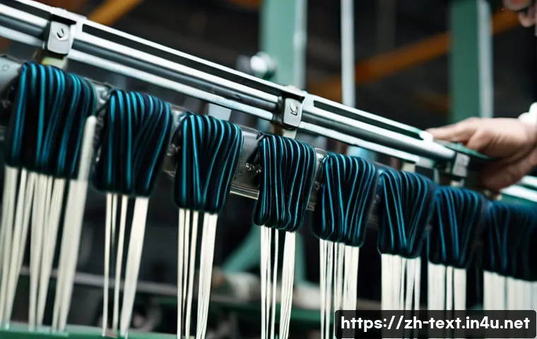 섬유기사 실무 경험 공유 - A detailed close-up of a textile factory worker adjusting spinning machine settings, focusing on han...