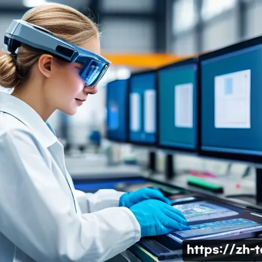 섬유기사 직업 만족도 - A modern textile engineer in a high-tech smart manufacturing factory, surrounded by advanced machine...