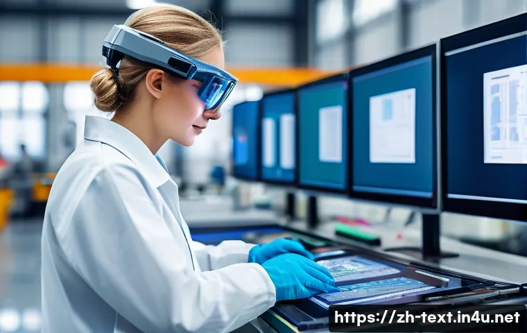 섬유기사 직업 만족도 - A modern textile engineer in a high-tech smart manufacturing factory, surrounded by advanced machine...