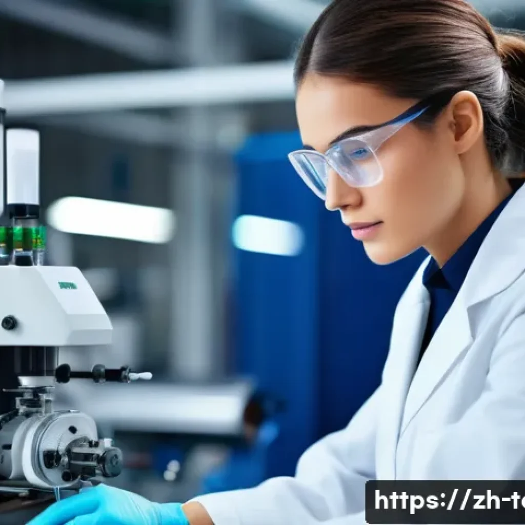 섬유기사와 해외 취업 - A modern textile engineering laboratory scene showcasing a young professional female engineer operat...