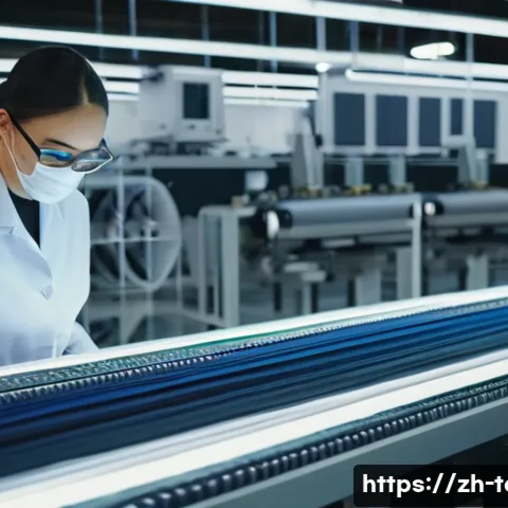 섬유기사 자격증 취득 후의 진로 - A modern textile manufacturing workshop featuring a skilled fiber engineer adjusting advanced textil...