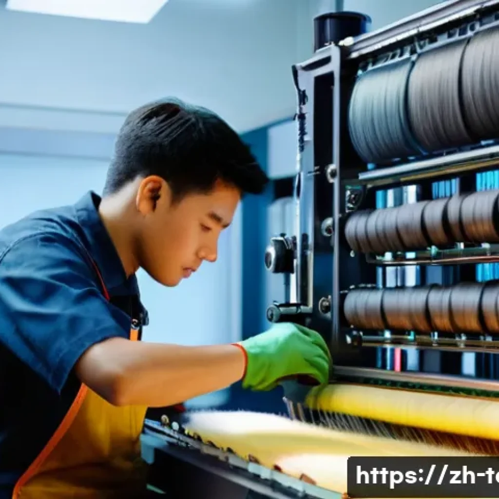 섬유기사와 시험 대비 자료 찾기 - A detailed and realistic textile technician workshop scene featuring a young adult male technician w...