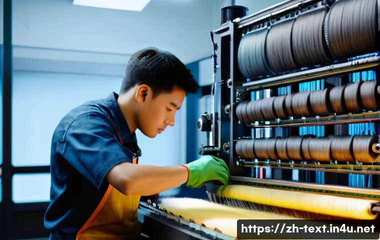 섬유기사와 시험 대비 자료 찾기 - A detailed and realistic textile technician workshop scene featuring a young adult male technician w...