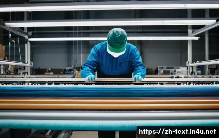 섬유기사와 직무별 기술 요구사항 - A highly detailed industrial textile weaving workshop scene, showcasing various modern weaving machi...
