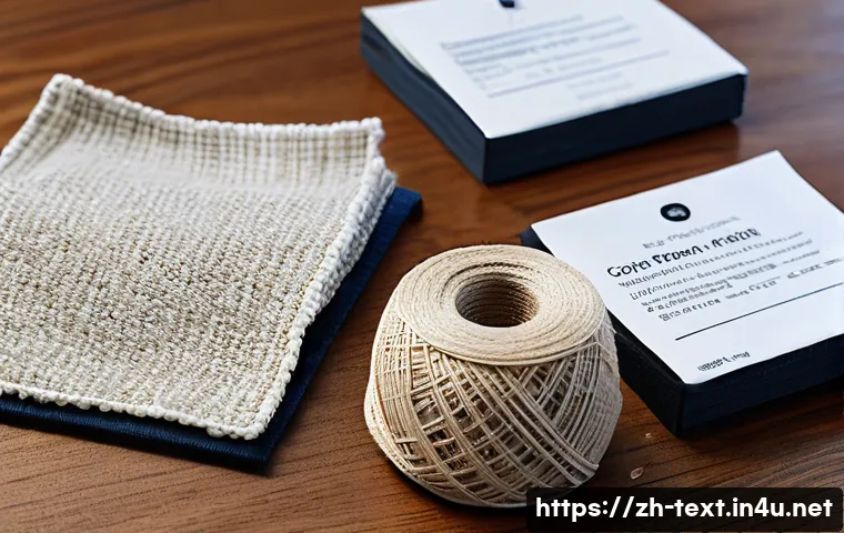 섬유기사와 시험 대비 성공 사례 - A detailed close-up image of various textile fibers and fabric structures displayed on a wooden tabl...