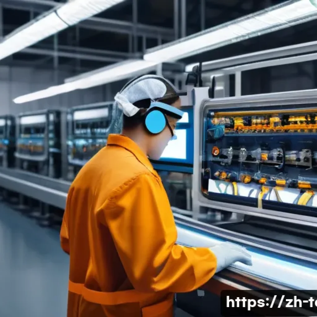 섬유기사와 직업의 안정성 - A modern textile technician in a high-tech factory setting, operating an advanced smart weaving mach...