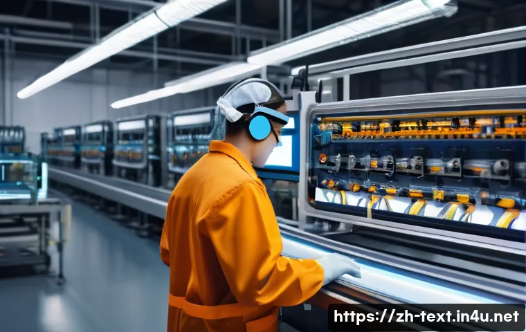 섬유기사와 직업의 안정성 - A modern textile technician in a high-tech factory setting, operating an advanced smart weaving mach...