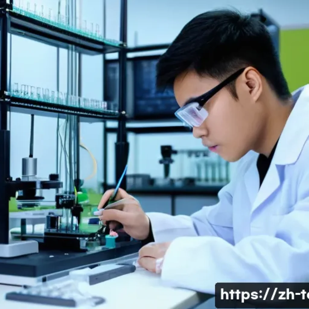 섬유기사 시험 대비 최신 가이드 - A detailed laboratory scene showing a young adult Asian fiber engineering student wearing safety gla...