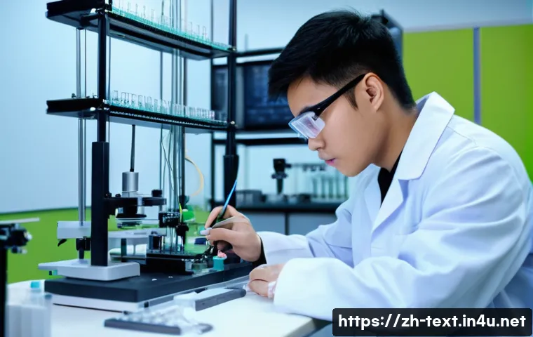 섬유기사 시험 대비 최신 가이드 - A detailed laboratory scene showing a young adult Asian fiber engineering student wearing safety gla...