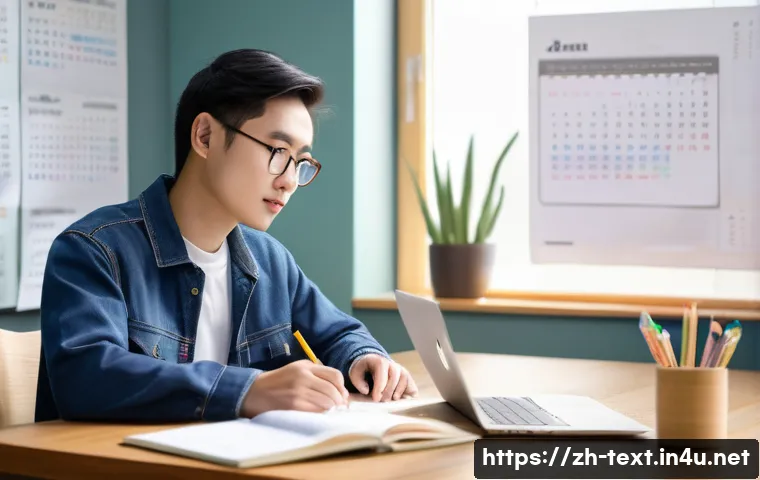 섬유기사 필기시험 대비 전략 - A detailed study scene showing a young Chinese adult in casual modern clothing, sitting at a tidy de...
