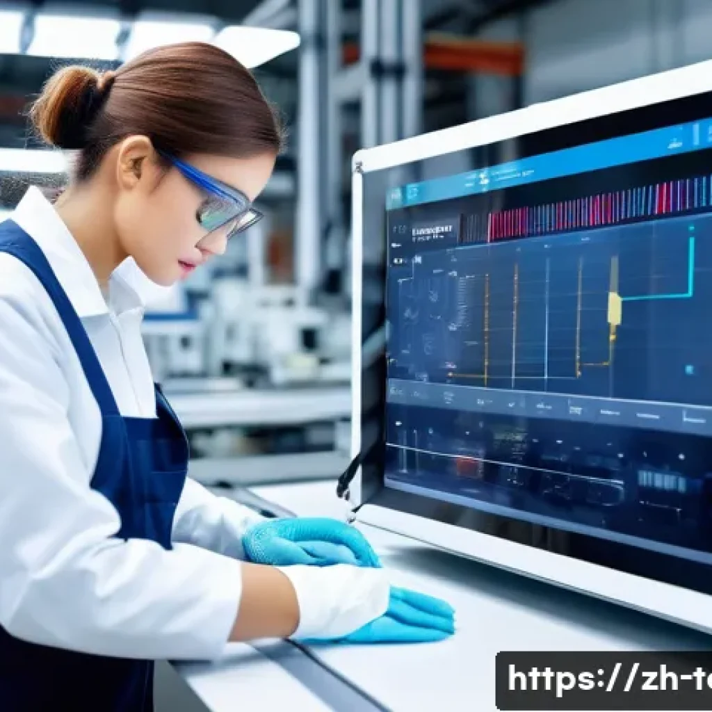 섬유기사와 관련 직업군의 특징 - A modern textile technician in a bright, high-tech factory workshop, wearing protective gloves and a...