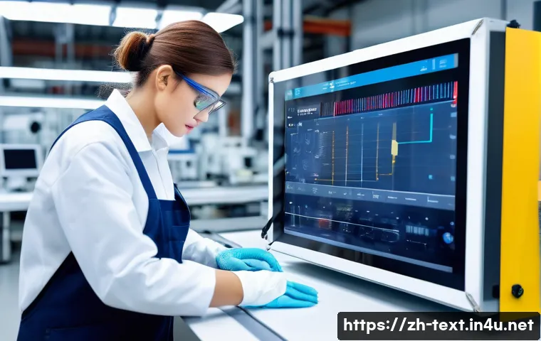 섬유기사와 관련 직업군의 특징 - A modern textile technician in a bright, high-tech factory workshop, wearing protective gloves and a...